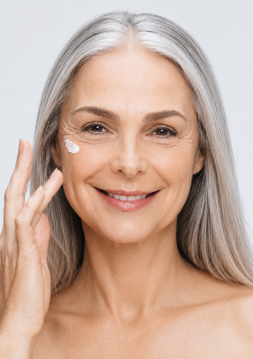 Woman in her sixties applying Ataii MD moisturizer, with healthy, comfortable skin